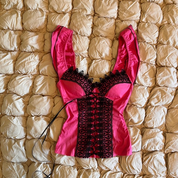 Vintage Y2K Sexy Pink Blouse with Black Lace - Picture 2 of 4